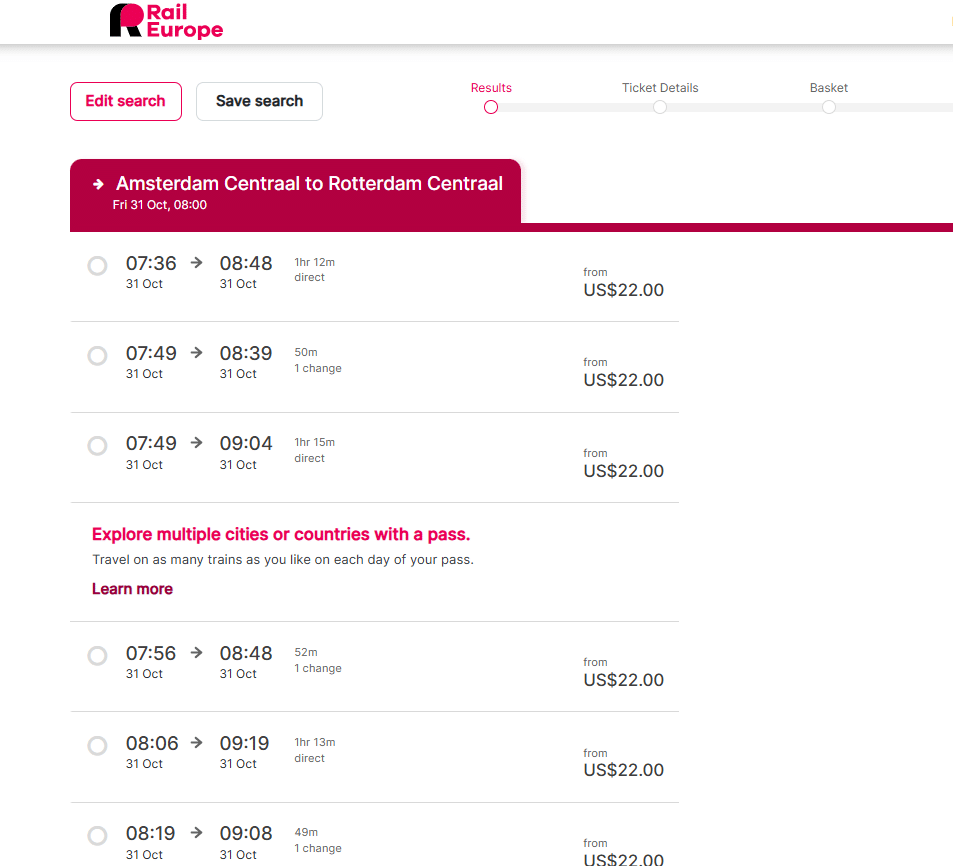 Rail Europe’s and NS’s Itinerary for Amsterdam Centraal to Rotterdam Centraal routes