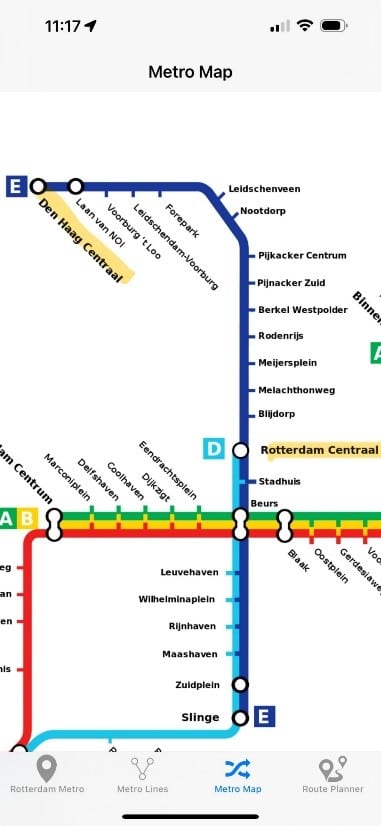 Rotterdam Metro System Showing Public Transport Route via Line E from Rotterdam Centraal to Den Haag Centraal